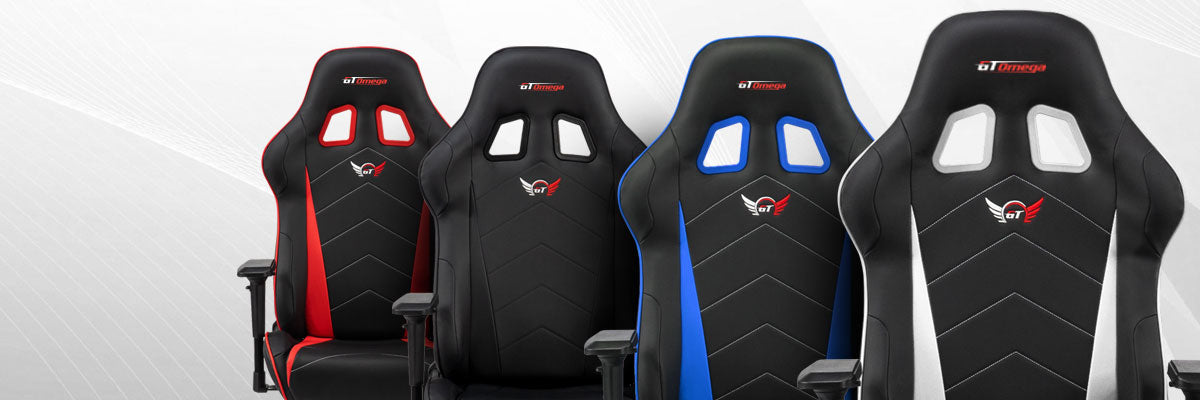 GT Omega Pro XL Gaming chair colour range, Black, White, Red and Blue