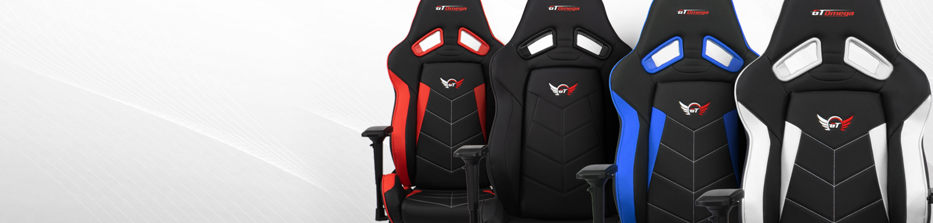 GT Omega Elite Series Gaming chair colour range, Black, White, Red and Blue