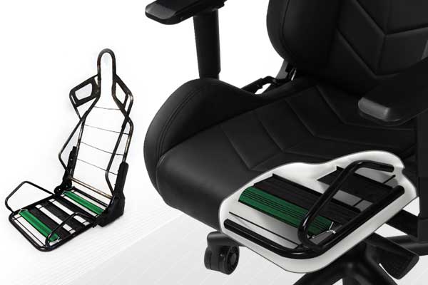 Gaming Chair internal view, sturdy steel frame and cold molded foam cushioning