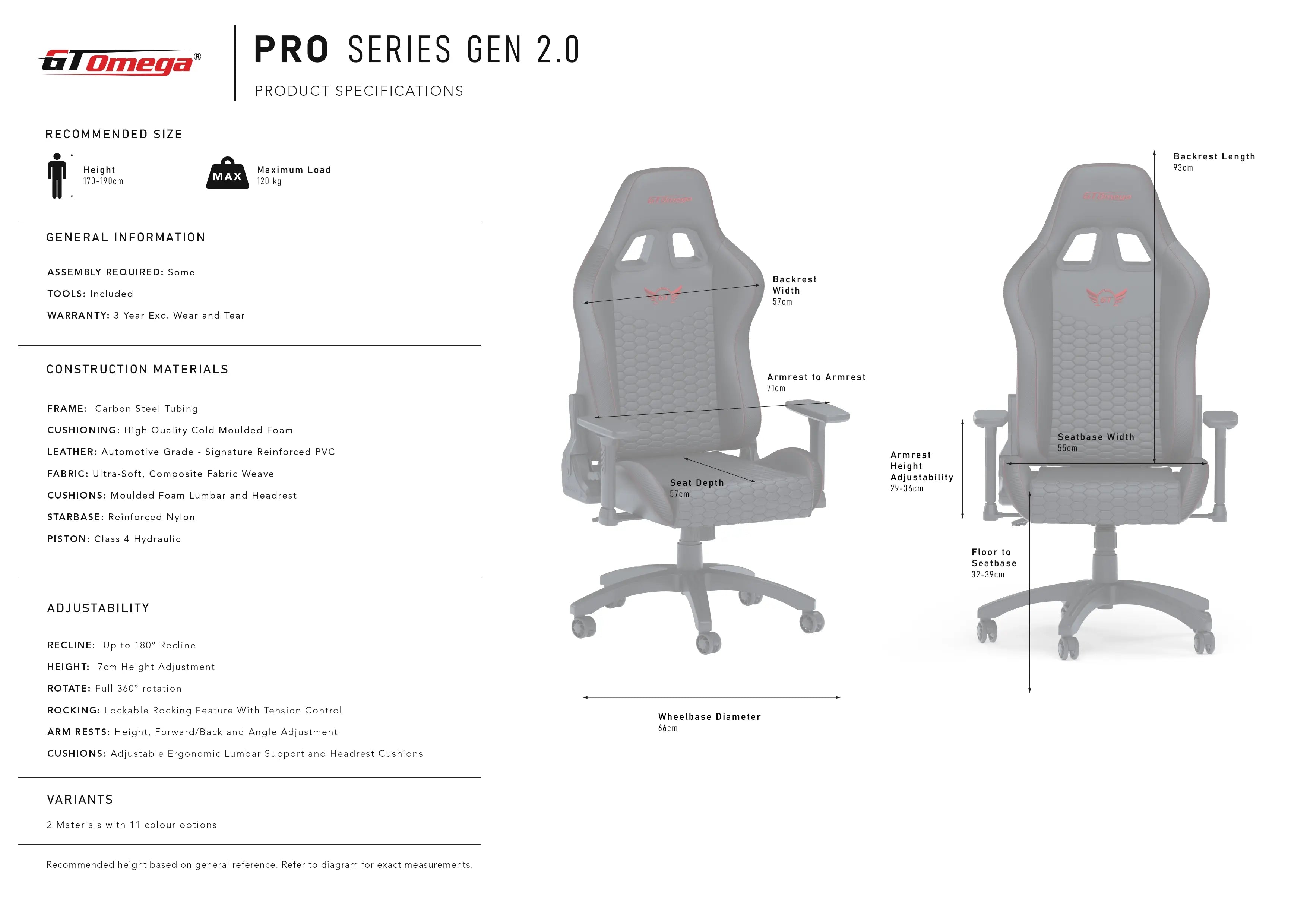 GT Omega Pro Series Gen 2.0 Gaming Chair Specifications