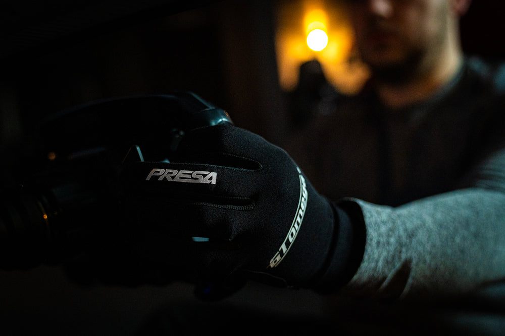 PRESA Sim Racing Gloves being used, left hand close up