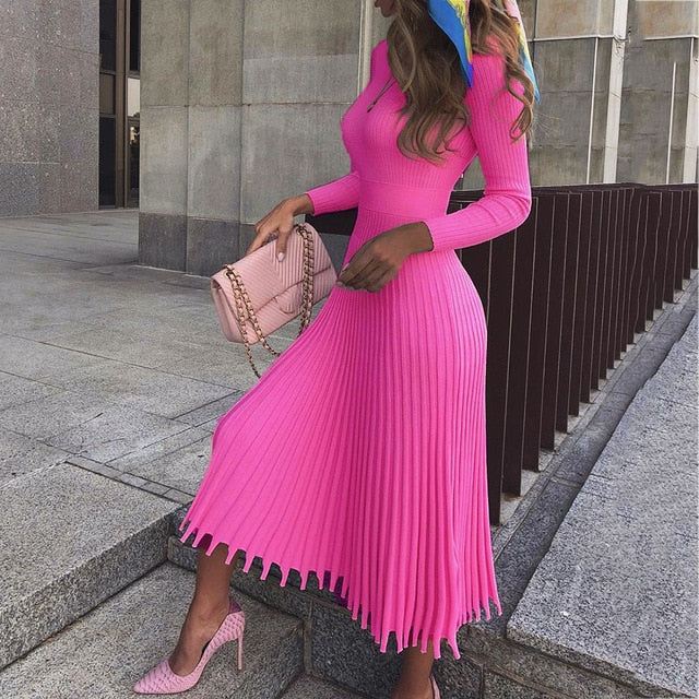 2021年激安 Pin Pink Dot Pleated Black Dress Long Maxi Dress