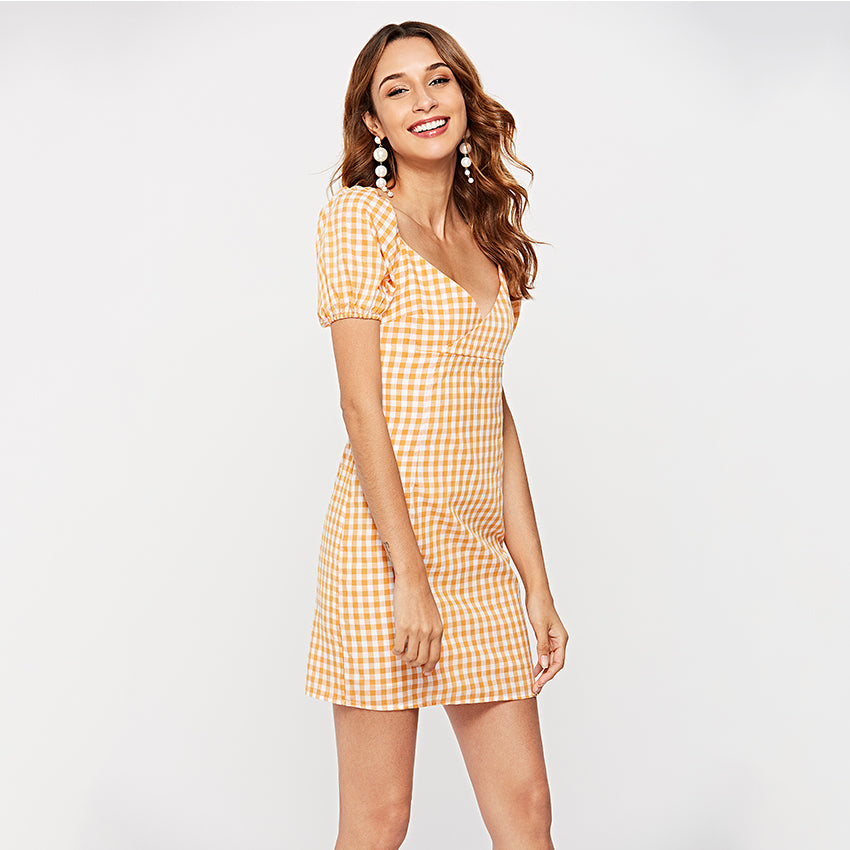 yellow and white checkered dress