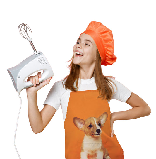 Girl Wearing Apron with Dog Picture on It. Personalised Photo Apron