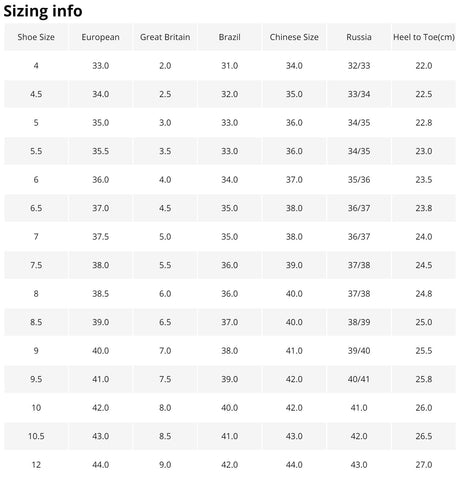 shoe size chart