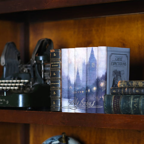 The newest Charles Dickens set from Juniper Books, a five volume set of classics with a foggy painting of Westminster in London