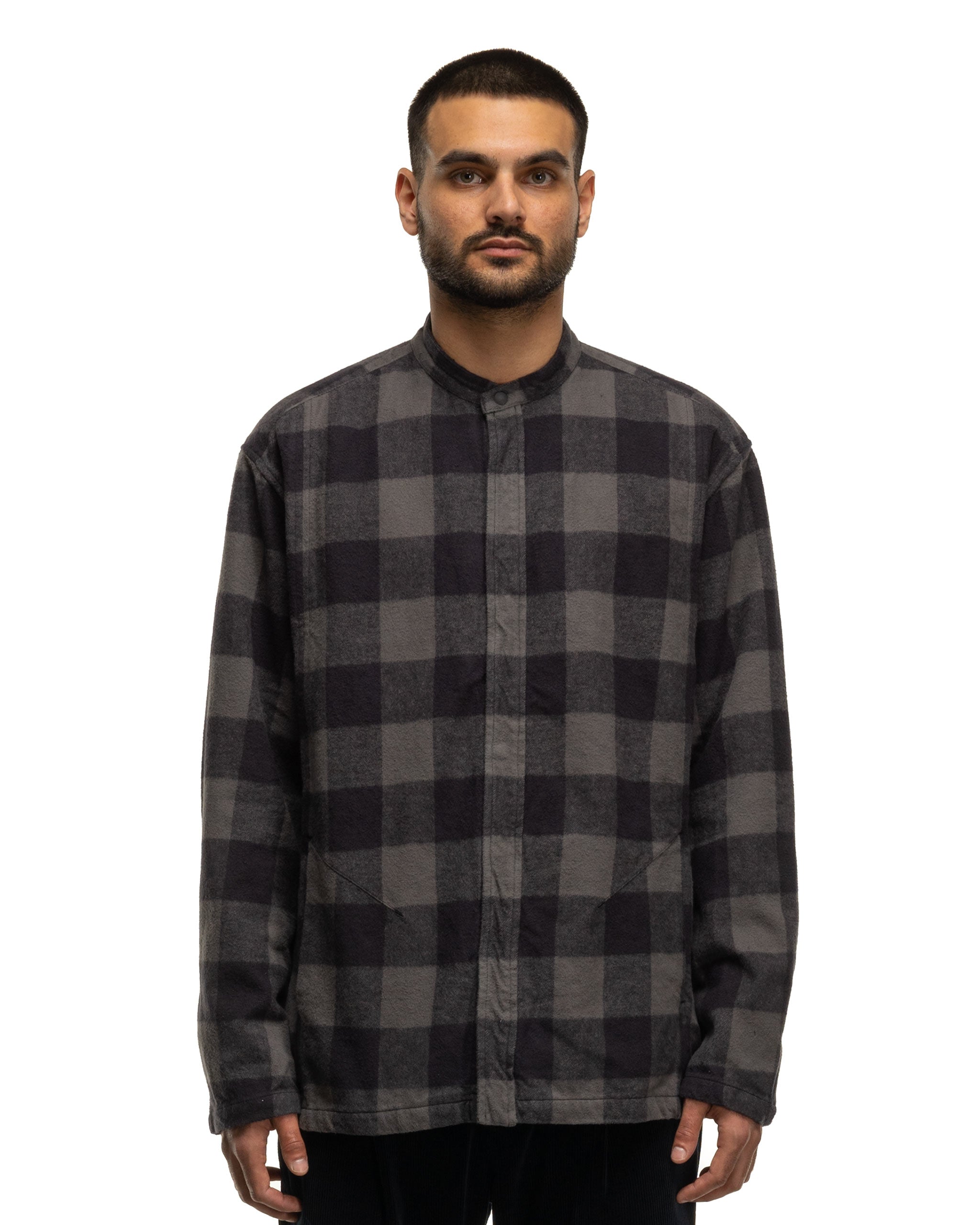 Officer Stand Collar Shirt Cotton Flannel Block Check Charcoal/Black