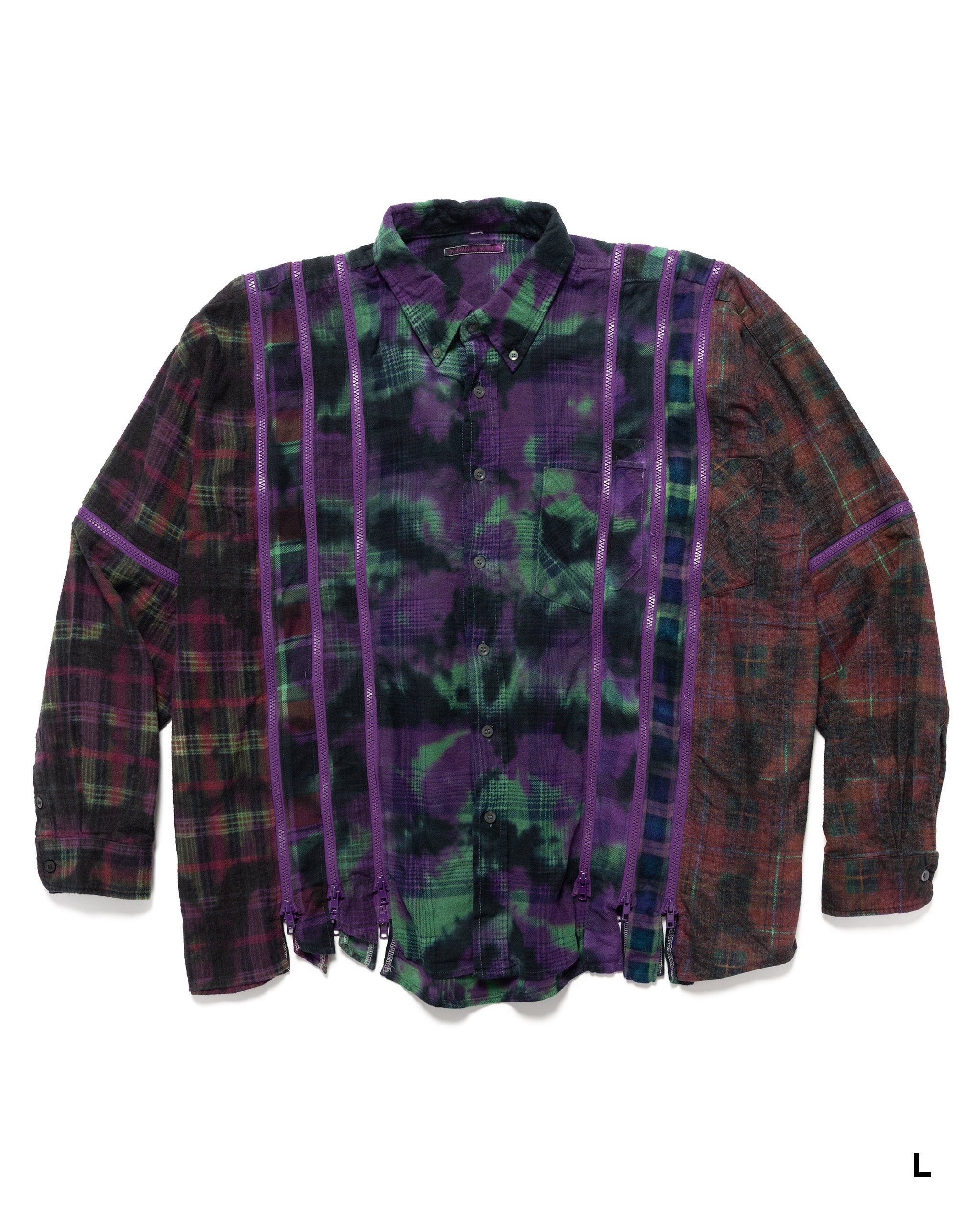 Flannel Shirt -> 7 Cuts Zipped Wide Shirt / Uneven Dye