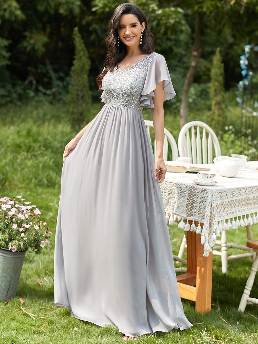 Color=Grau|Deep V Flared Sleeves Besticktes langes Kleid der Mutter der Brautjungfer 90035-Grau 1
