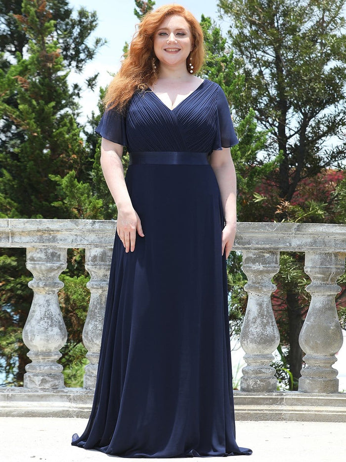 Plus Size Damen Chiffon V-Ausschnitt Lange Abendkleid mit Schleppe 09890