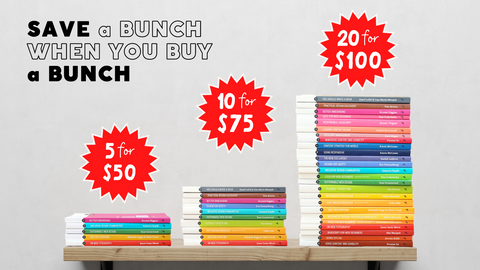 Wooden bookshelf with stacks of 5, 10, and 20 colorful paperbacks, against a grey wall. Red starbursts read 5 for $20, 10 for $75, 20 for $100.