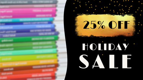 Blurred photo of a colorful stack of books (left) and white and gold text that reads 25% Off Holiday Sale (right).