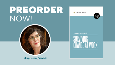 The light blue cover of Surviving Change at Work next to a photo of Vanessa Gennarelli, a white woman smiling and wearing glasses.