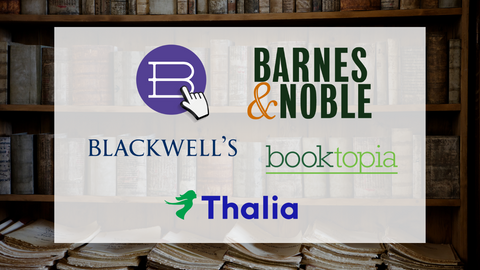 Logos for Bookshop.org, Barnes & Noble, Blackwell’s, Booktopia, and Thalia on a white rectangle, against a darkened photo of a bookshelf.