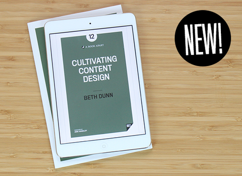 Overhead view of Cultivating Content Design ebook in a white iPad mini.