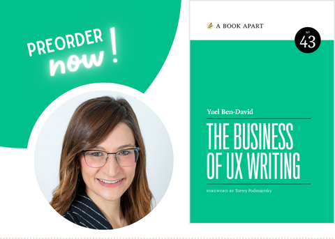 Circular image of Yael Ben-David next to the cover of The Business of UX Writing.
