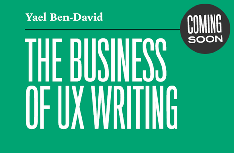Green book cover for The Business of UX Writing and a black badge that reads Coming Soon.