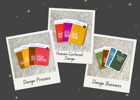 Promotional image showing 3 different starter packs (Design Business, Human-centered design, and Design Process) with colorful design books in each pack.