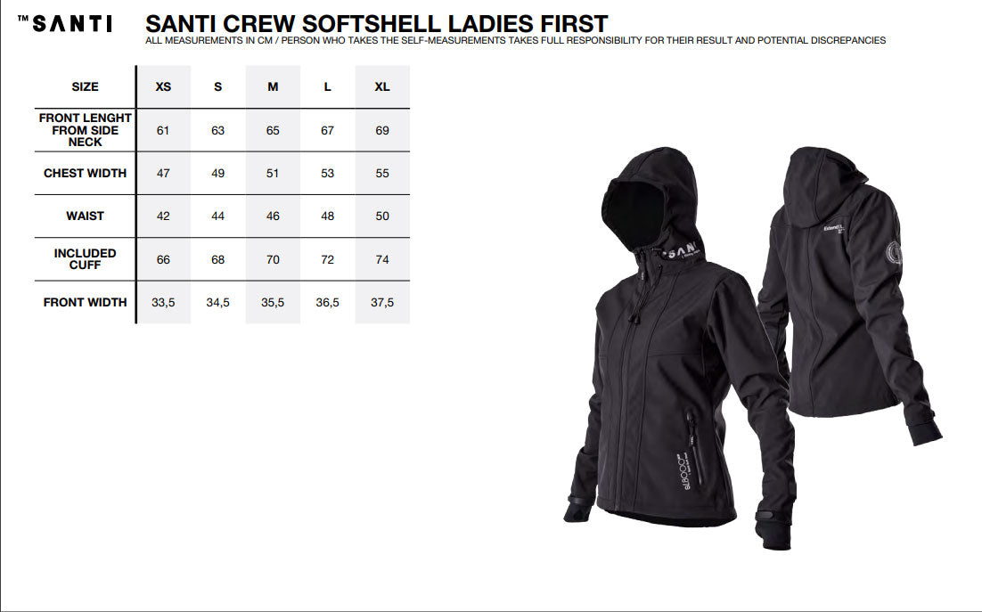 santi crew jacket ladies first size chart