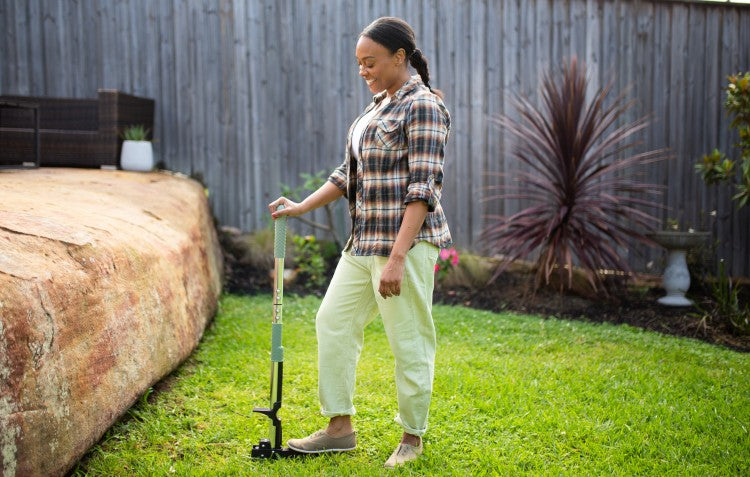 stand up weed puller being used on lawn