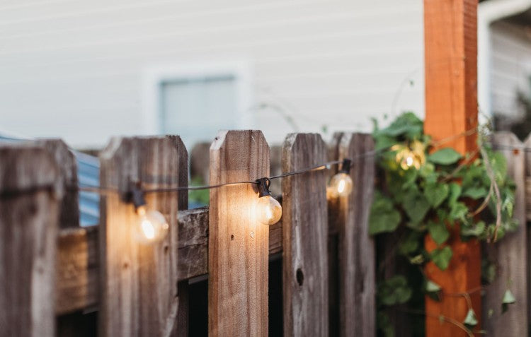 solar party bulbs on fence