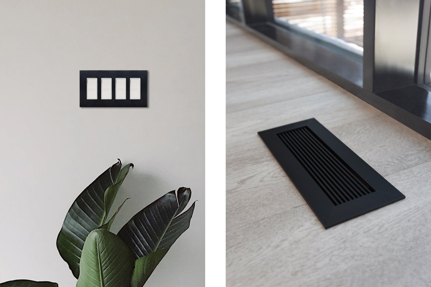 black light switch plate and black vent cover side by side by kul grilles