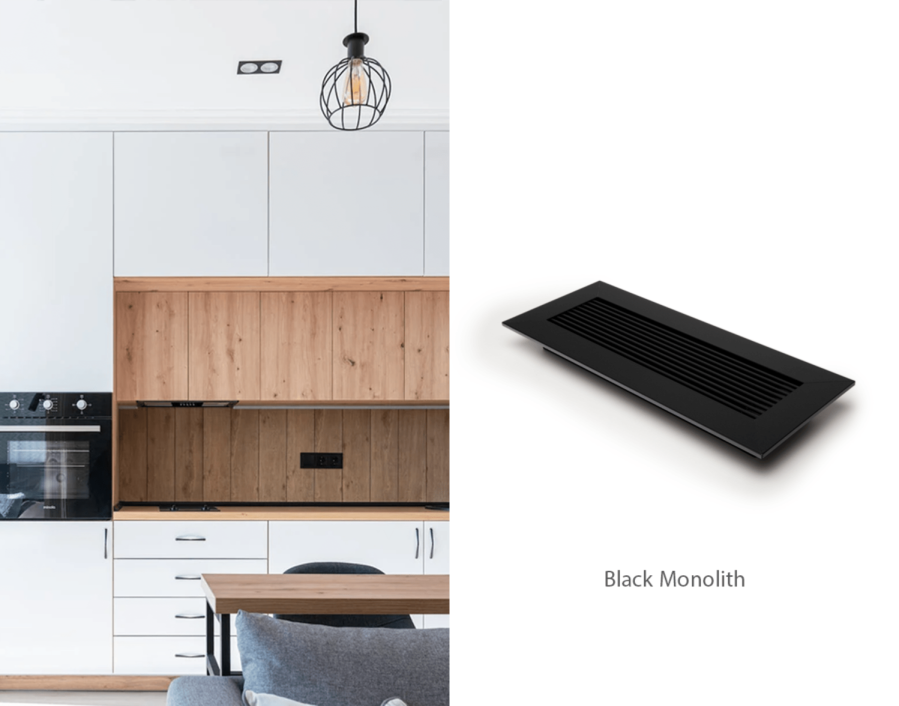 Black Monolith kul grilles vent cover beside contemporary kitchen with white cabinets