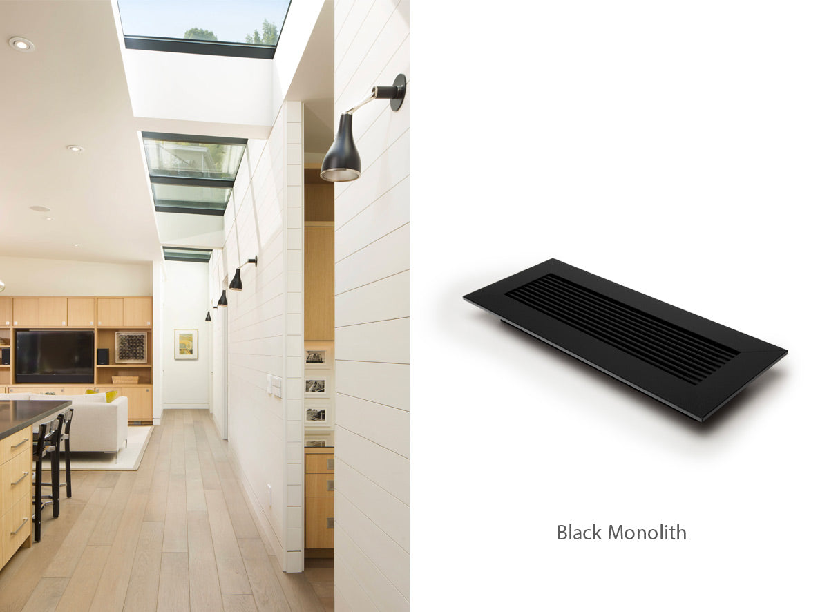 Black monolith vent covers by kul grilles used in modern hallway by floyd construction inc