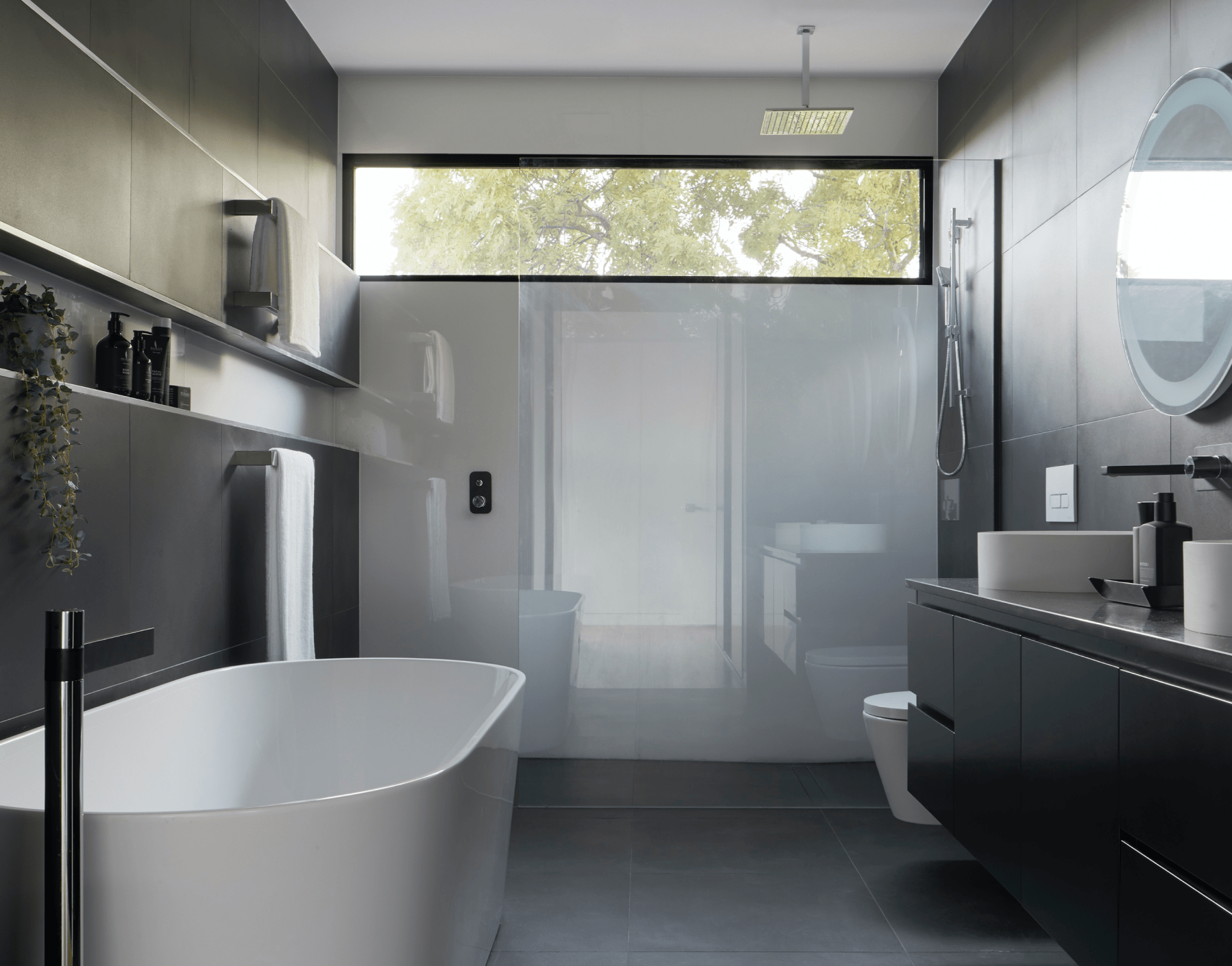 contemporary bathroom chrome hardware black cabinetry