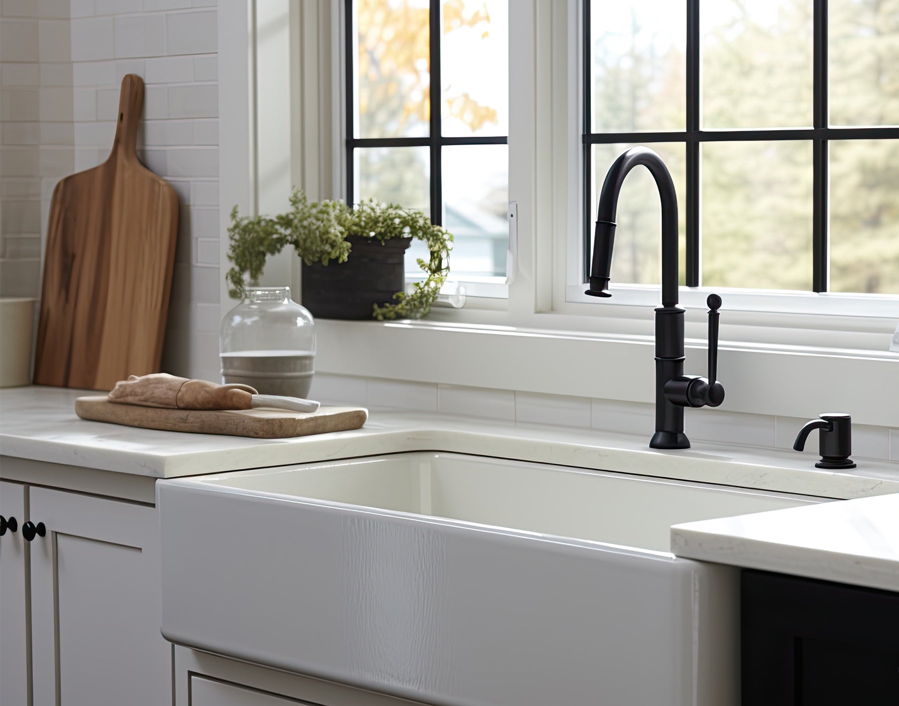 contemporary farmhouse kitchen with black faucet and hardware white sink