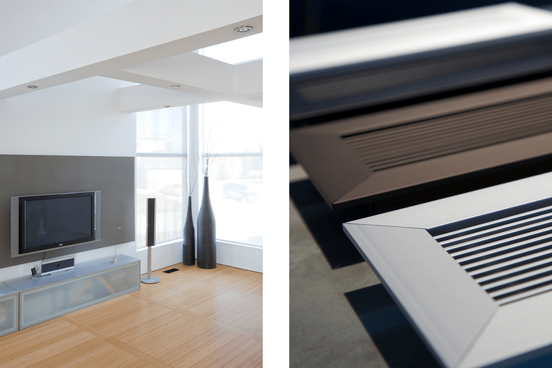 contemporary living room with black monolith grille beside kul grilles closeup min