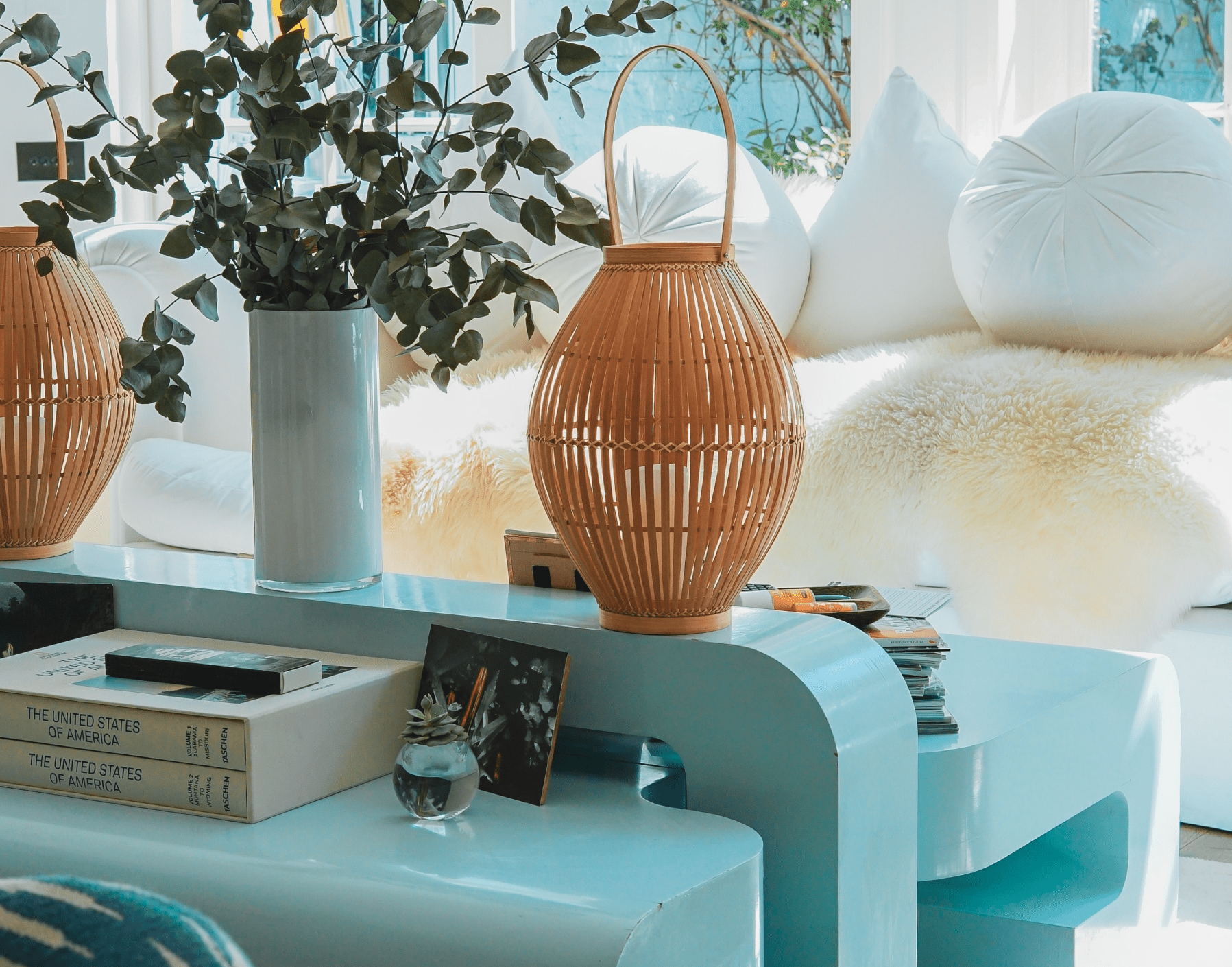 eclectic living room in bold blue