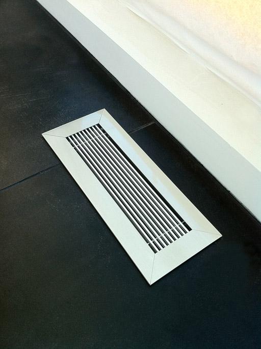 floor register brushed chrome finish on black porcelain tile white window casing modern homeowner by kul grilles