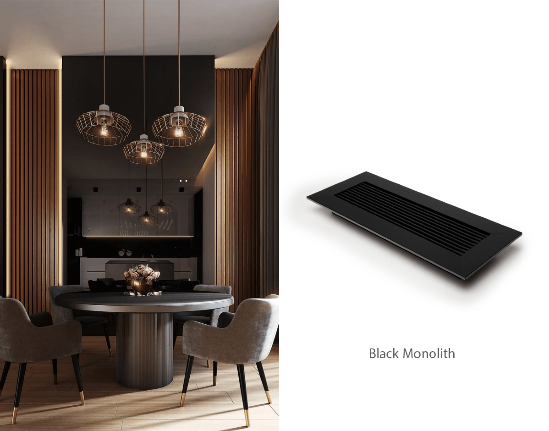 Luxury dining room beside Black Monolith kul grilles vent cover