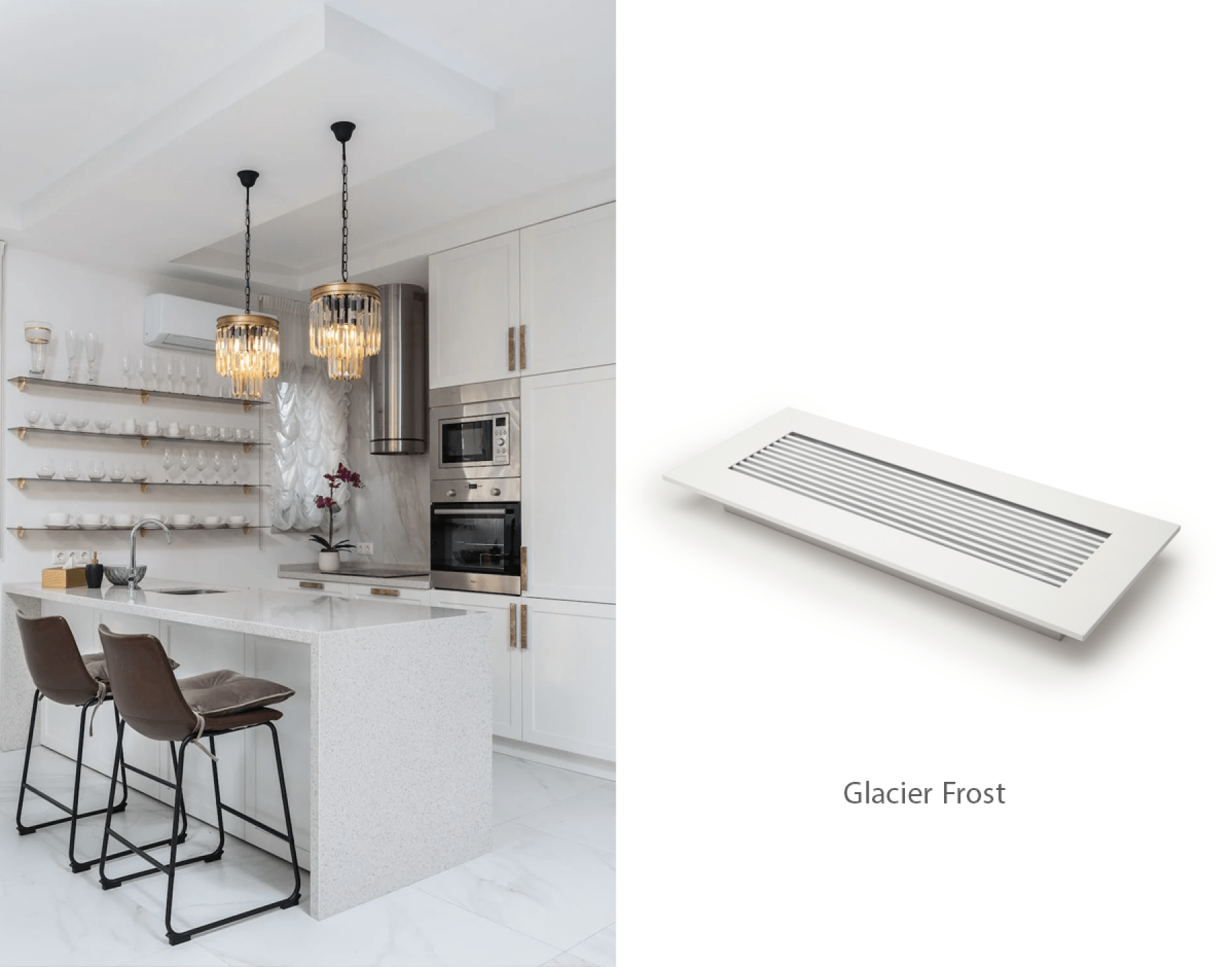 Luxury white kitchen beside Glacier Frost vent cover from kul grilles