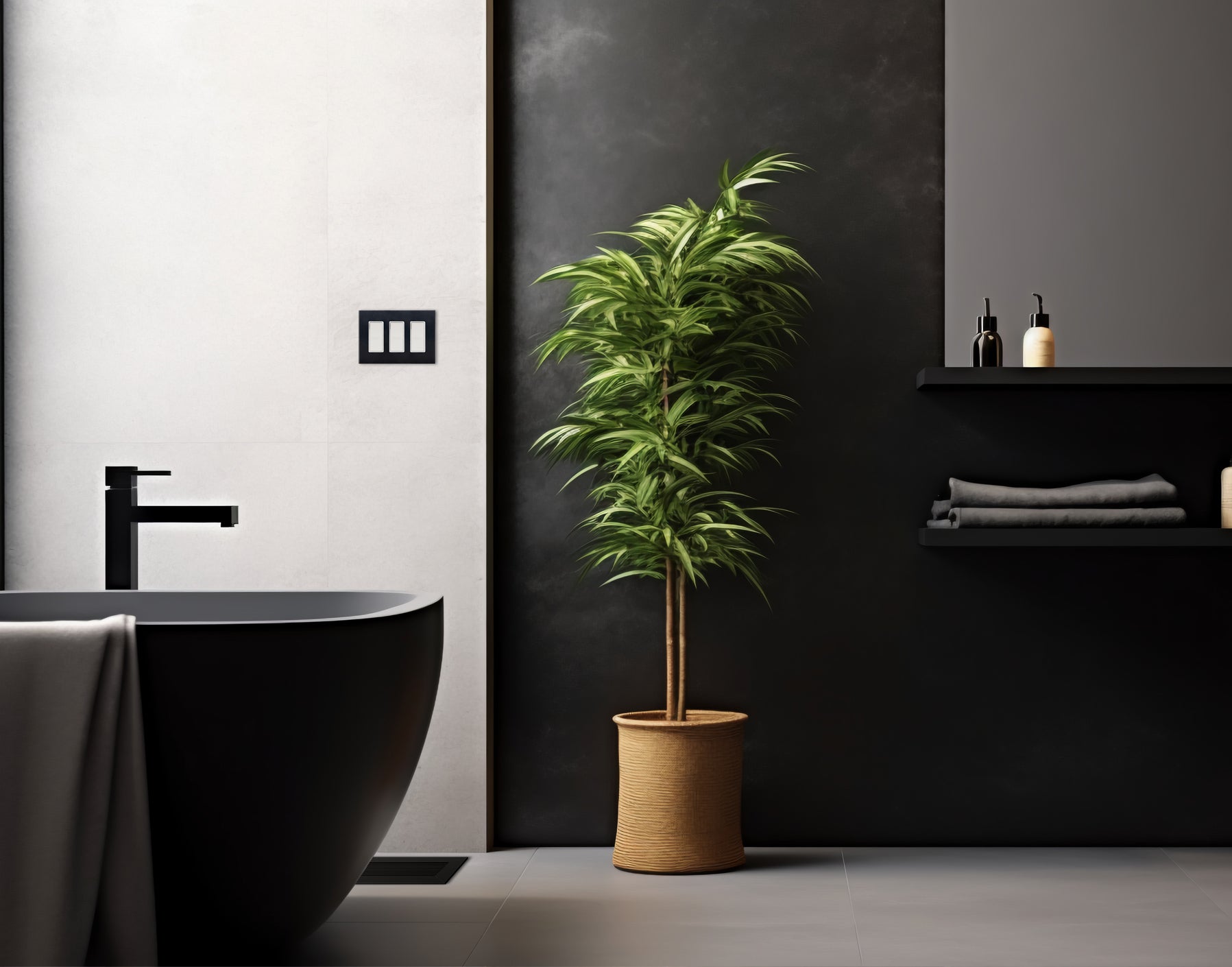 modern bathroom with anodized matte black light switch plate and black monolith vent cover by kulgrilles