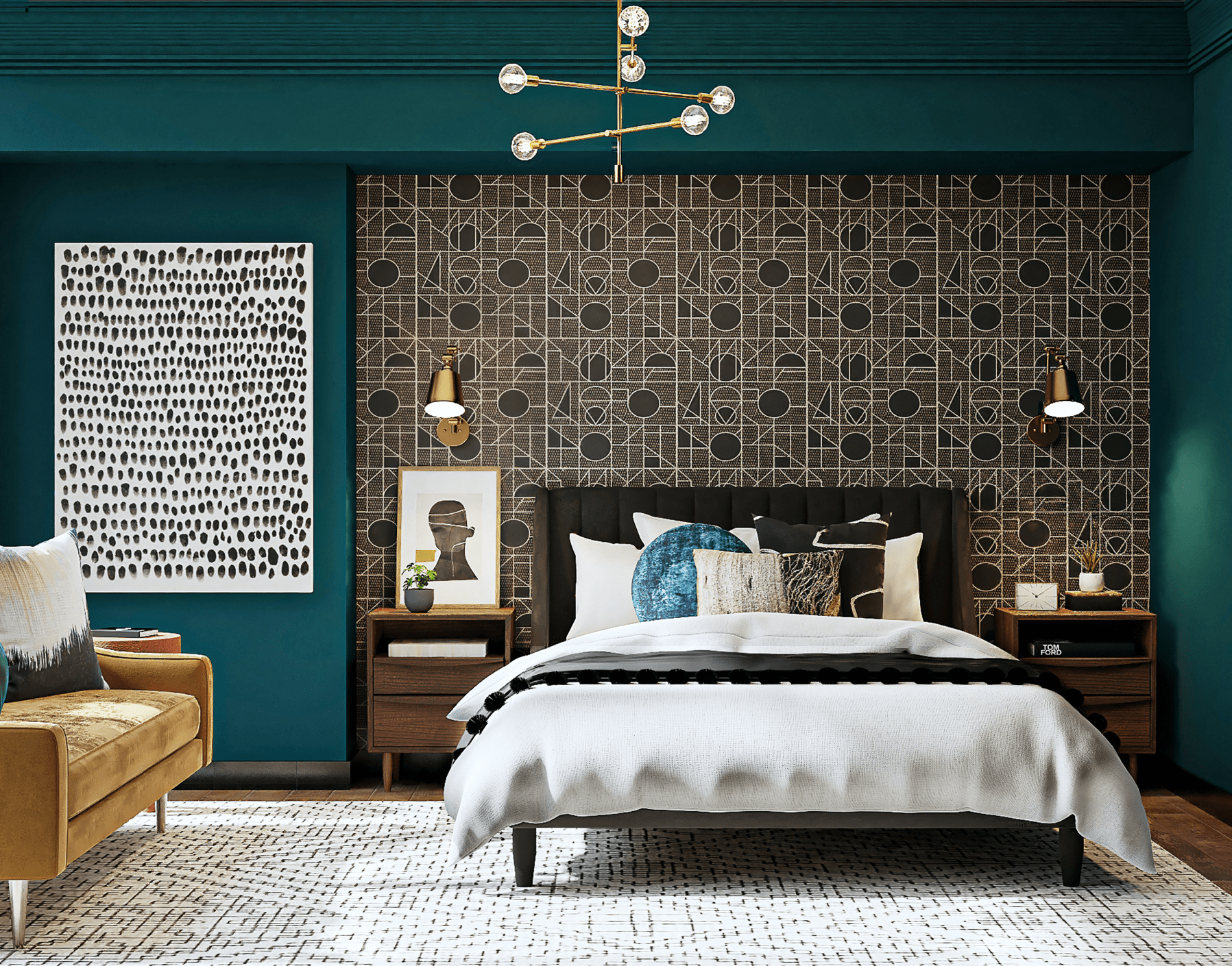 modern bedroom teal wall with geometric wallpaper