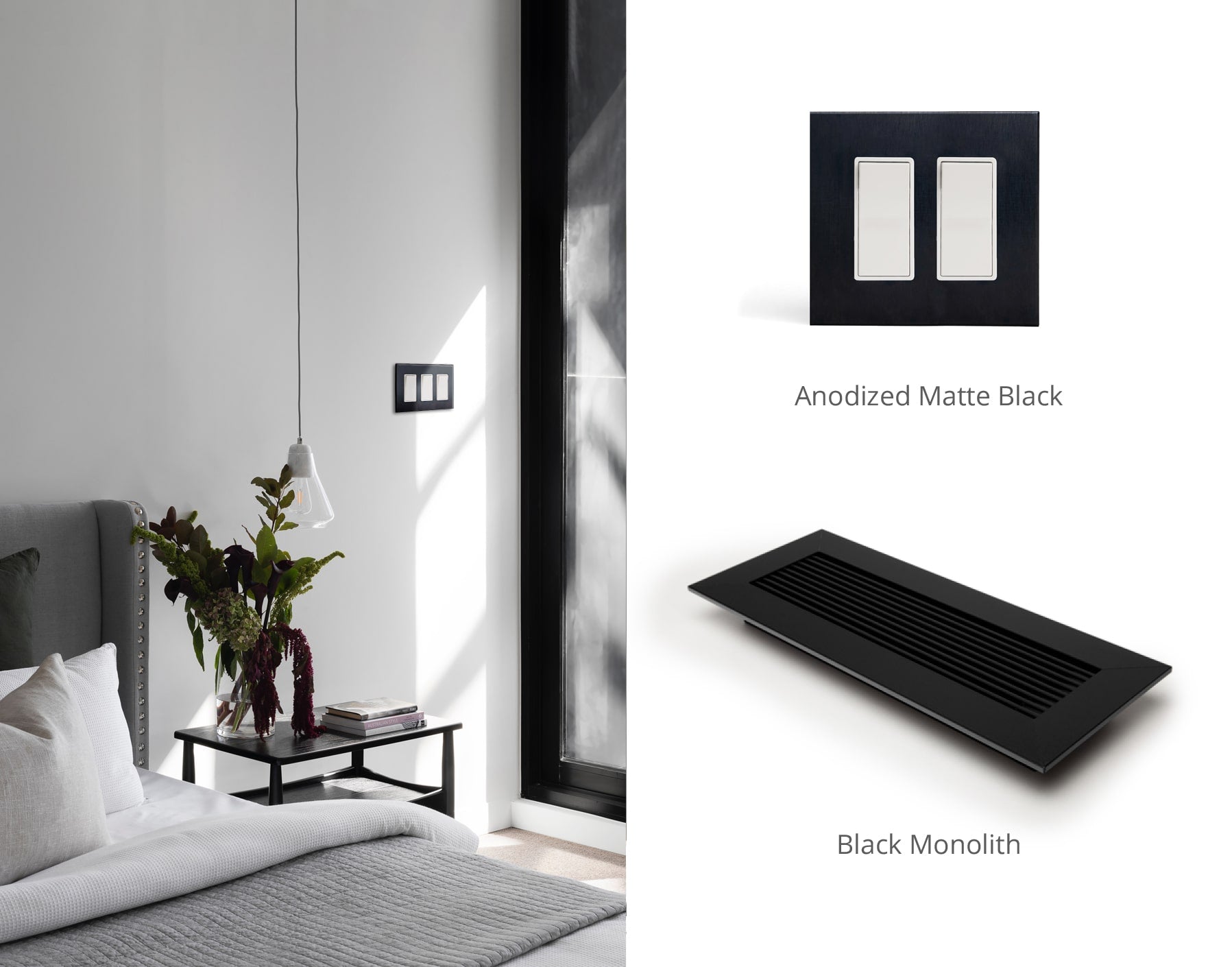 modern bedroom with black monolith vent cover and AMB switch plate by kul grilles