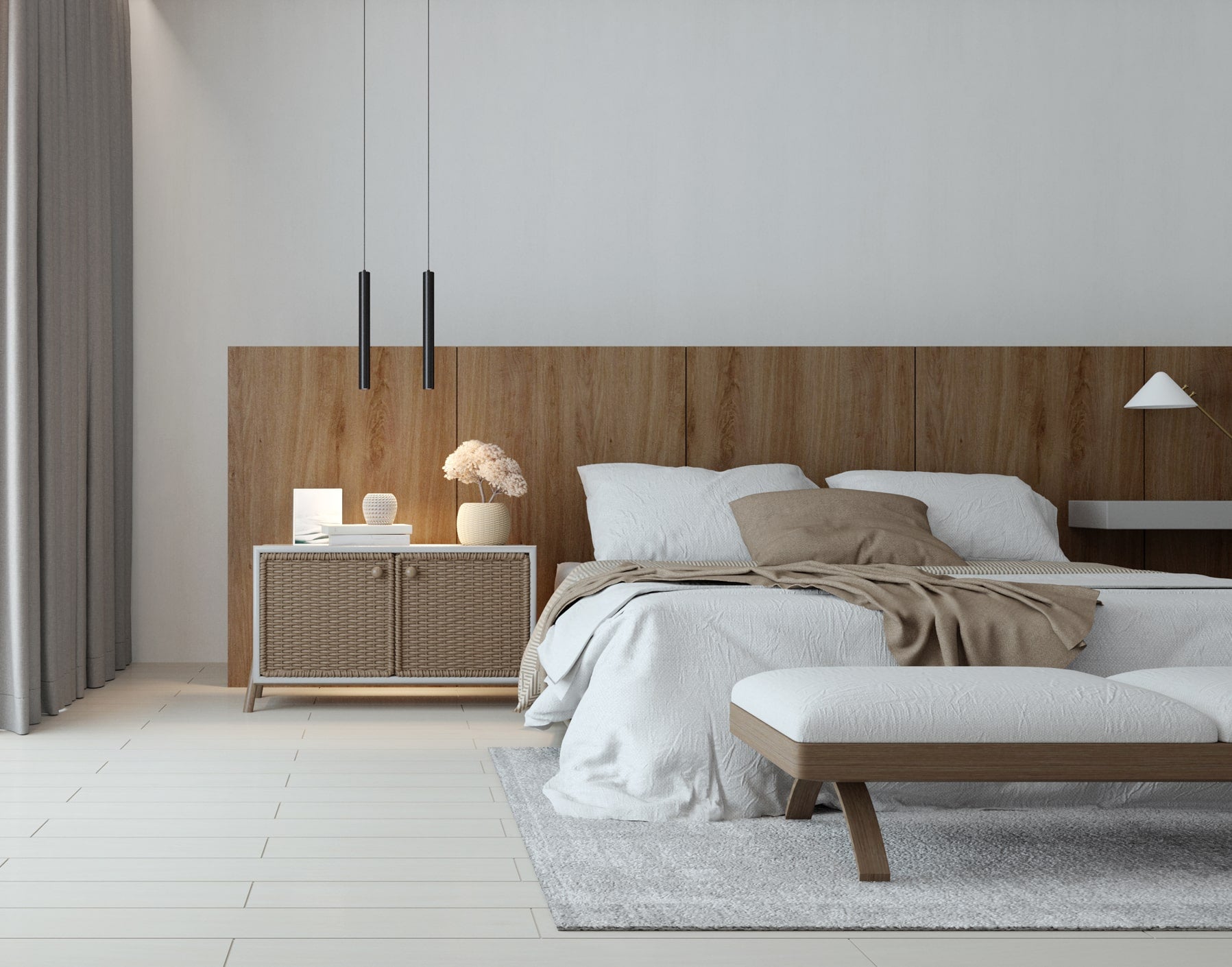 modern minimal bedroom neutral tones with textures