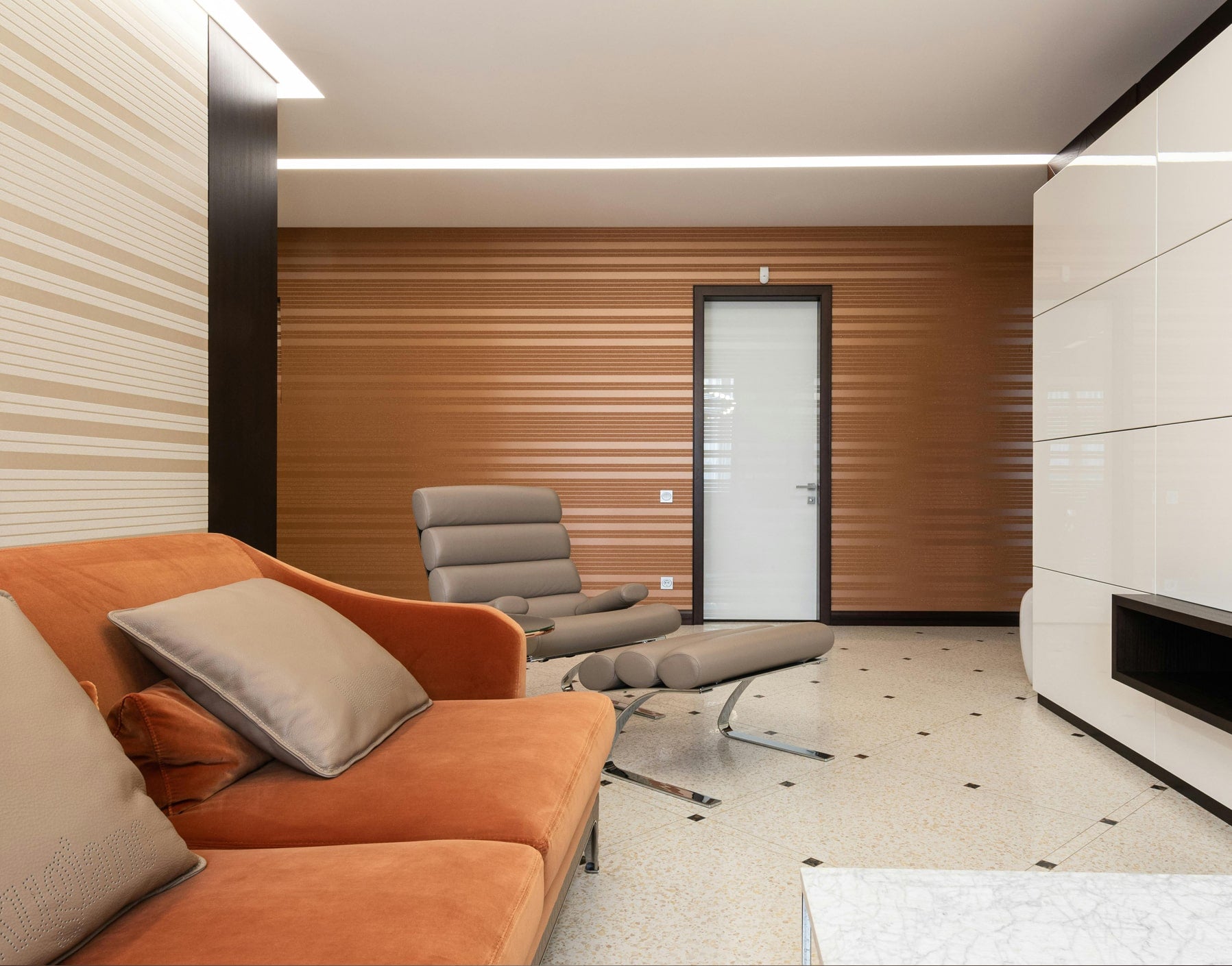 modern minimalist living room in studio apartment