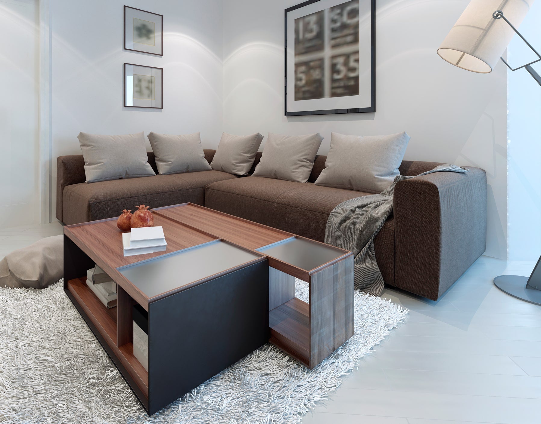 storage coffee table in modern living room with grey sofa