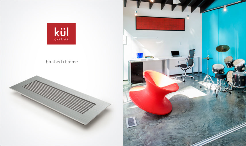 vent covers brushed chrome finish kul logo on polished concrete floor red accents blue wall kube architectur by kulgrilles