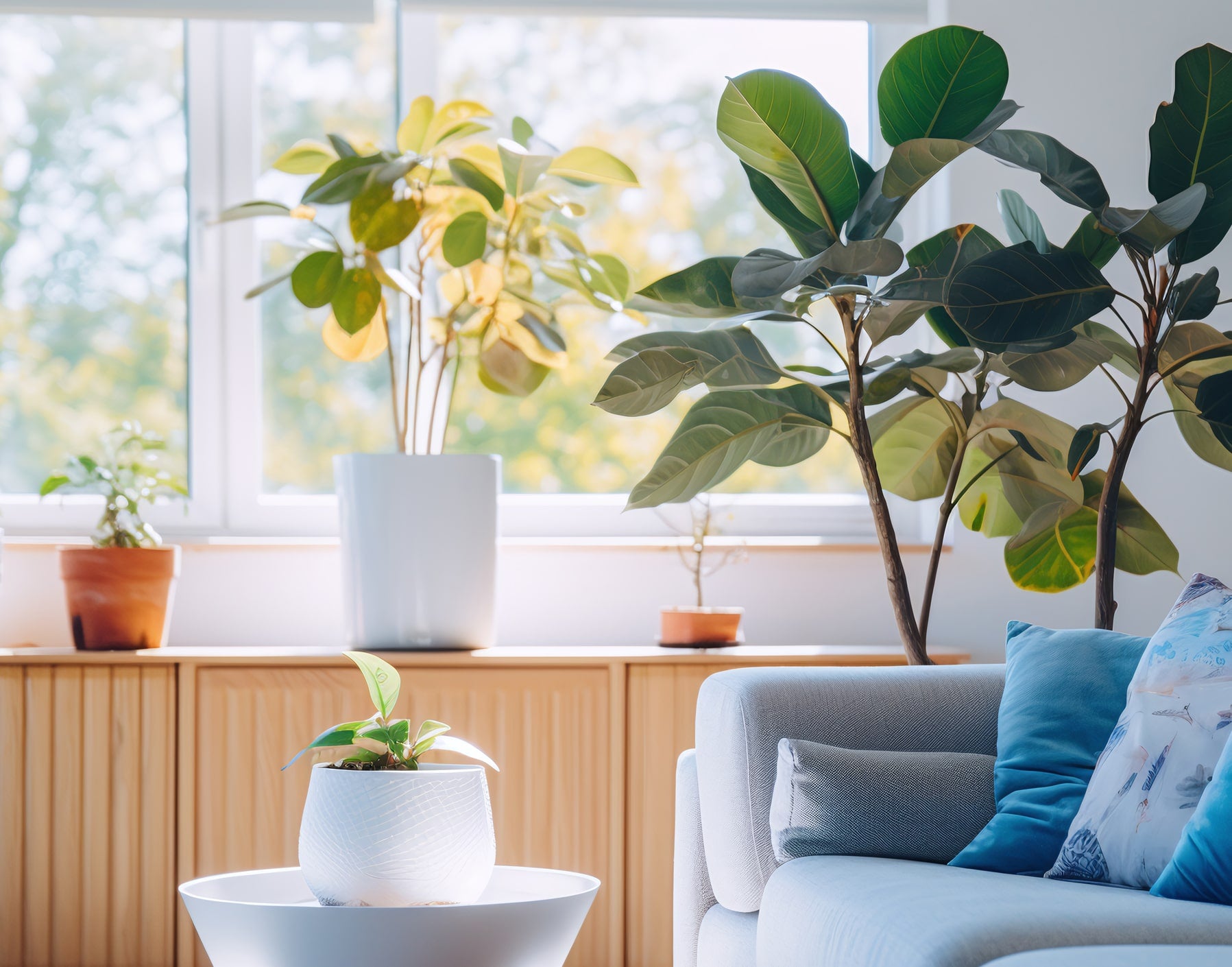 warm minimalist interior spaces with vibrant houseplants natural light