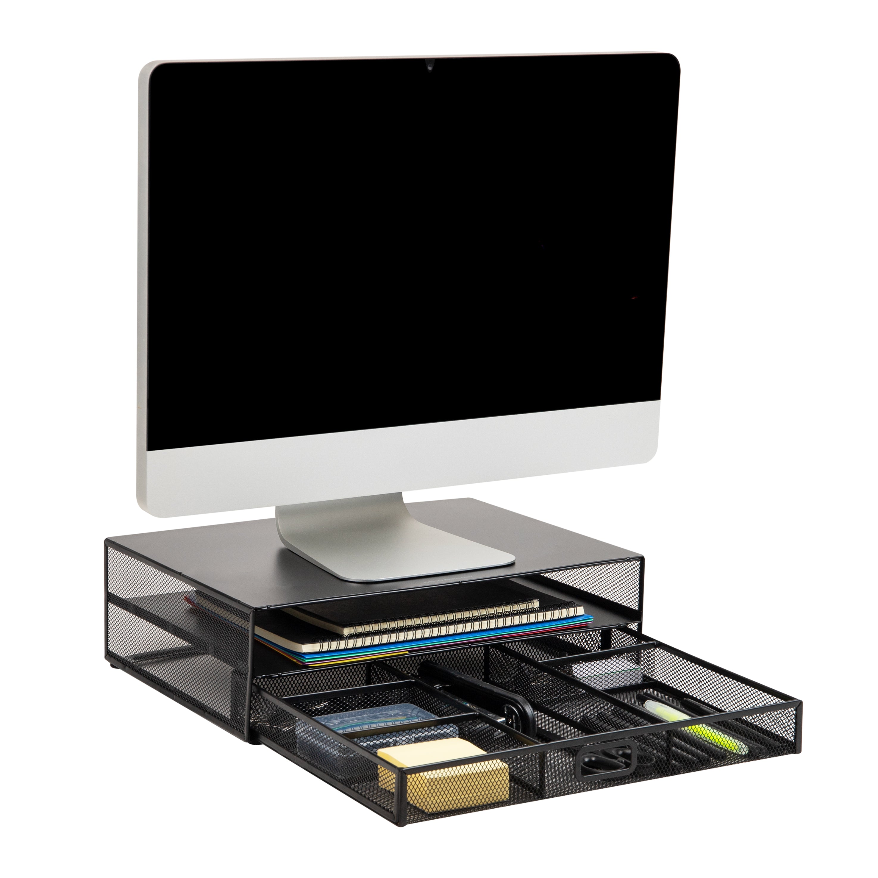 Mind Reader New Employee Starter Kit, Monitor Stand and 25 Pc. Office Supply, Storage, Metal Mesh, 15.75"L x 11.75"W x 4.5"H, Black