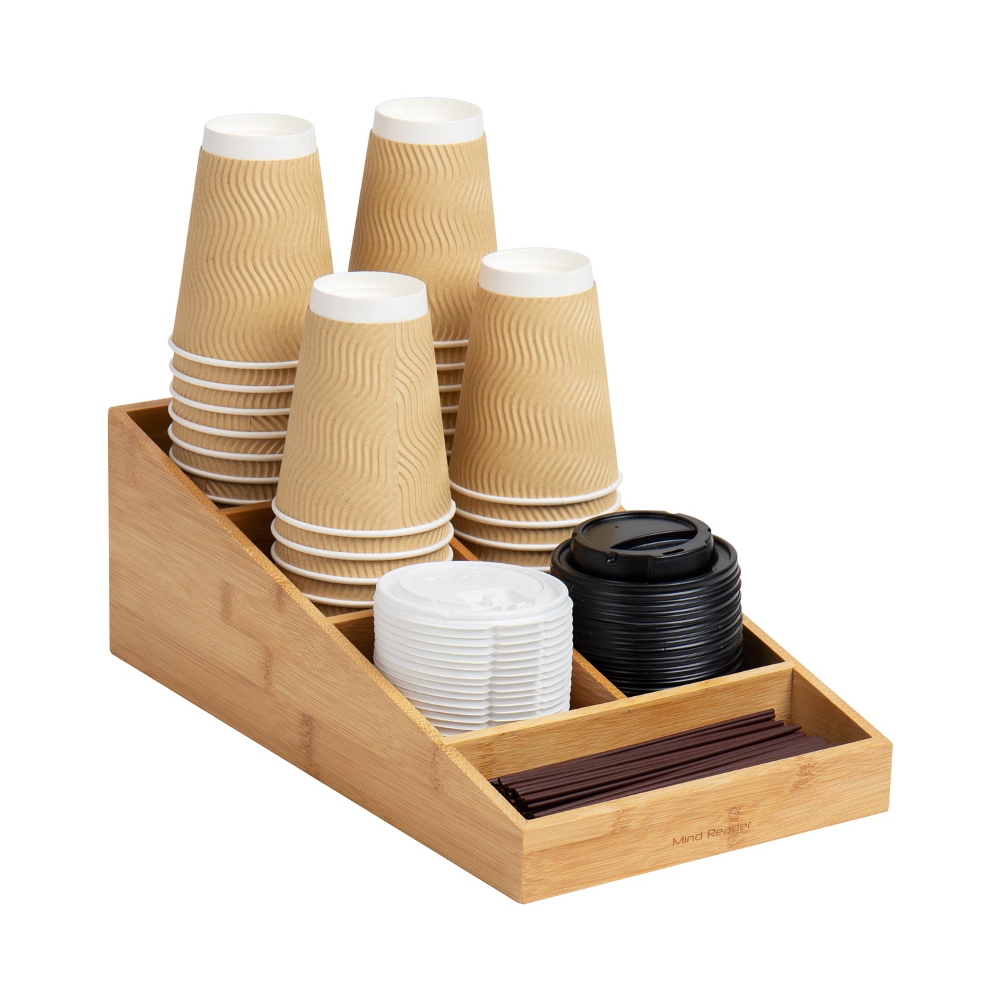Mind Reader Bali Collection, 7-Compartment, Bamboo Cup and Condiment Storage, Countertop Organizer, Brown
