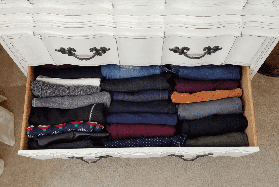 Pants in a drawer folded using the Konmari technique
