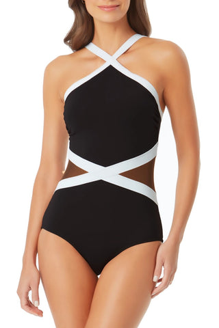 Black and white mesh one piece with a high neck cross cut