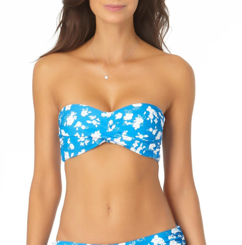 Strapless blue bandeau bikini top with distinctive print and lace back. 