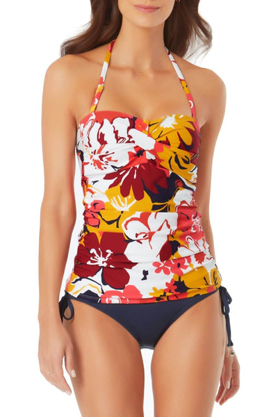 Compare one swim top design in floral print and plain black to see the visual effect