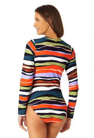 Anne Cole - Women's Sandy Waves Long Sleeve Open Back One Piece Rash Guard  Swimsuit - 16 Multi